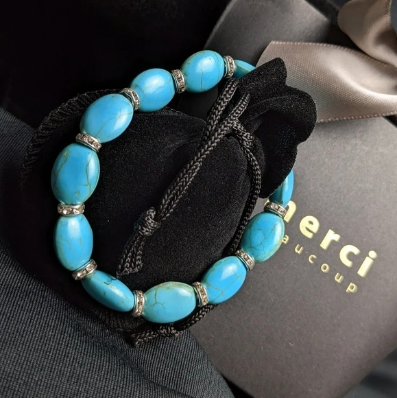 Pretty faux turquoise color beaded bracelet with CZ, oblong shape beads - Picture 3 of 10